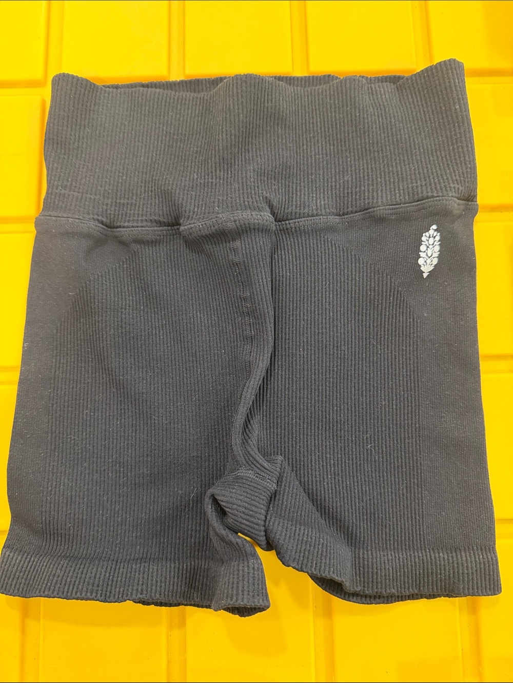 FP Movement by Free People Black Ribbed Bike Shorts with Leaf Logo